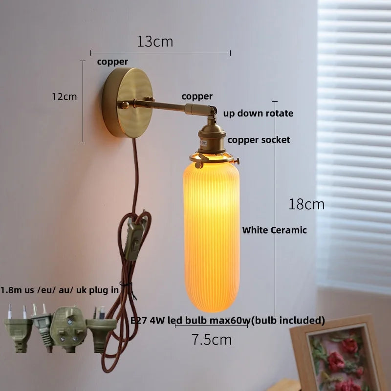 Afralia™ White Ceramic LED Wall Sconce with Pull Chain Switch, Rotating Design