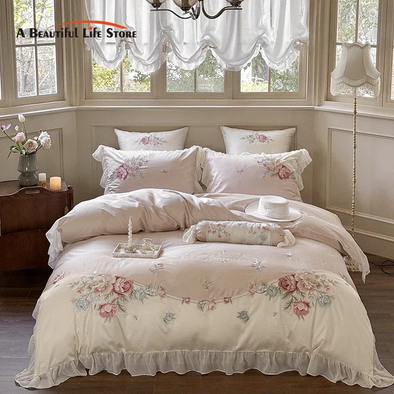 Afralia™ Floral Embroidered Princess Bedding Set - 1000TC Egyptian Cotton Luxe Collection