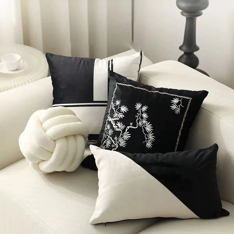 Afralia™ Embroidered Black White Minimalist Cushion Cover Light Luxury Home Decor Pillow