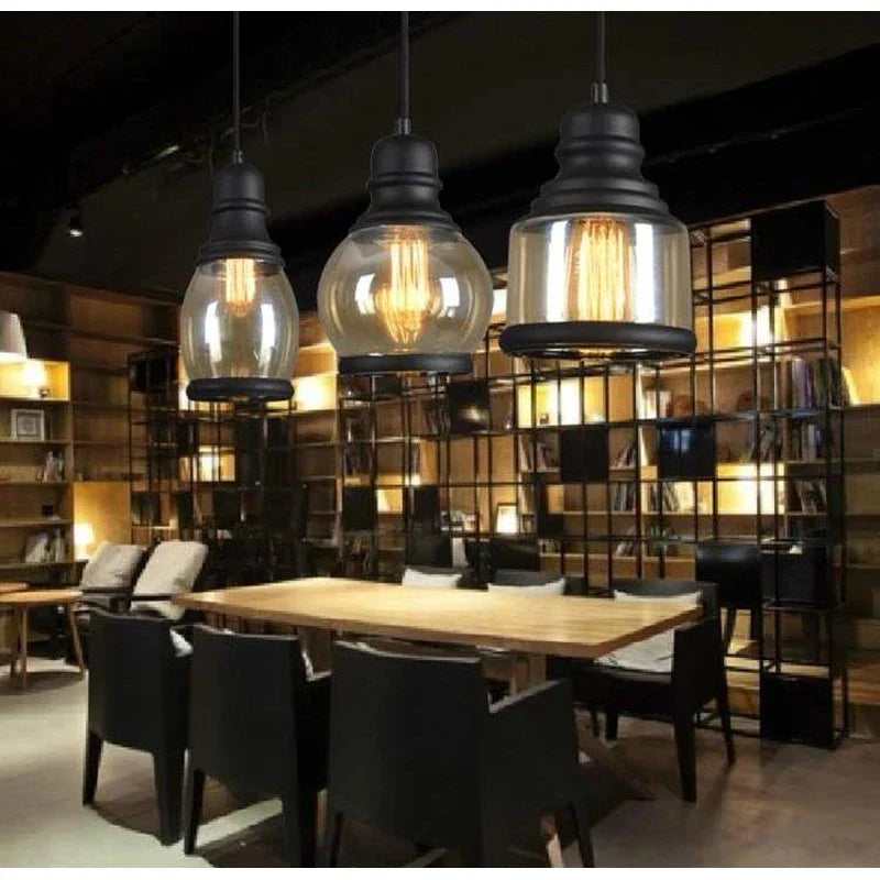 Afralia™ Vintage Industrial Iron Chandelier E27 Pendant Light with Amberglass