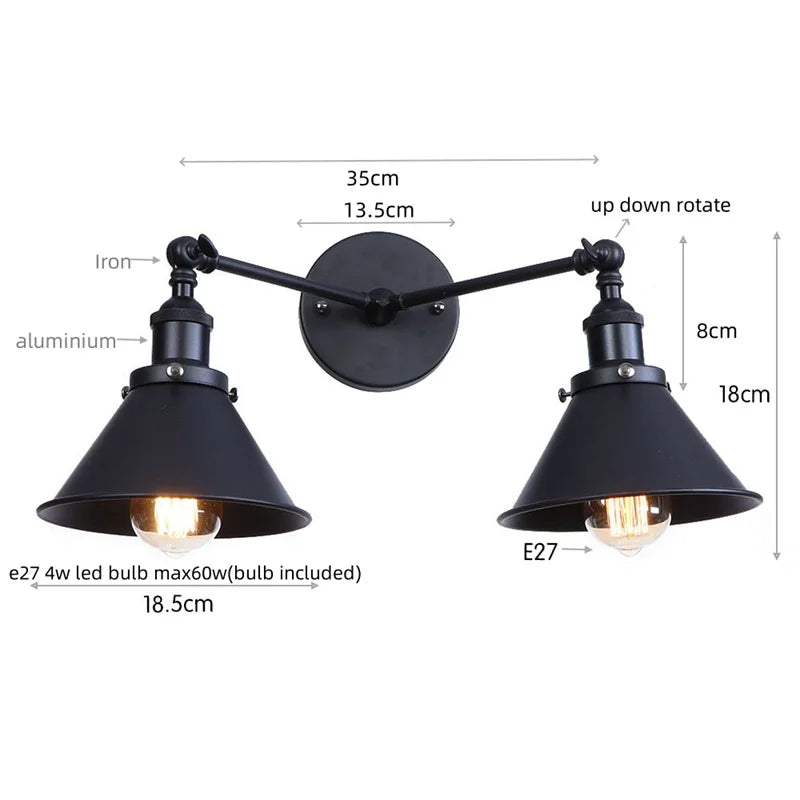 Afralia™ Loft Iron LED Wall Lamp 2 Heads Living Room Vintage Industrial Style Light