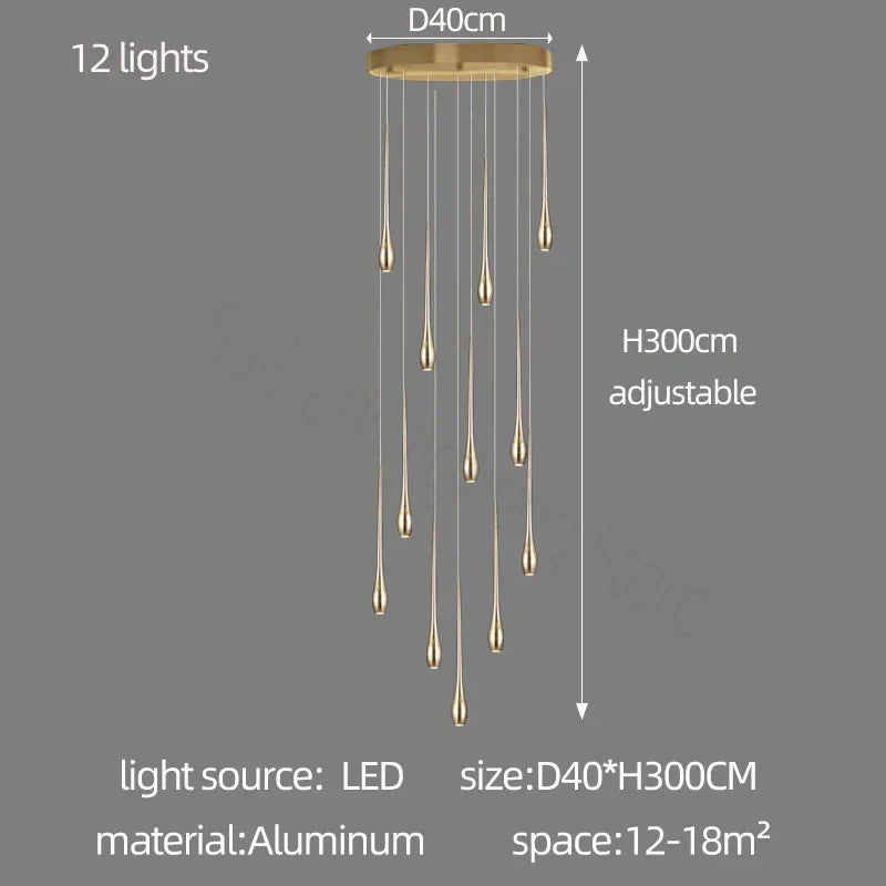 Afralia™ Gold-Plated LED Ceiling Chandelier for Staircase, Living Room, Kitchen, Attic
