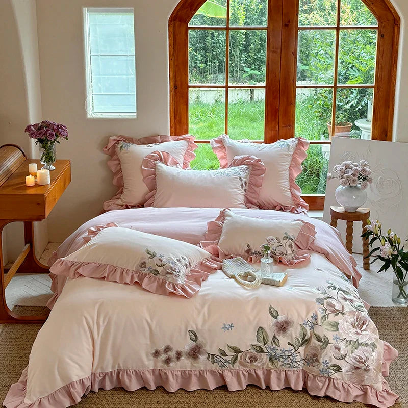 Afralia™ Luxury Flowers Embroidery Princess Bedding Set - 1000TC Egyptian Cotton