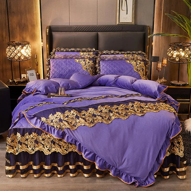 Afralia™ Black Gold Lace Duvet Set, Luxury Crystal Velvet, Quilted Embroidery, Ruffle Bedding