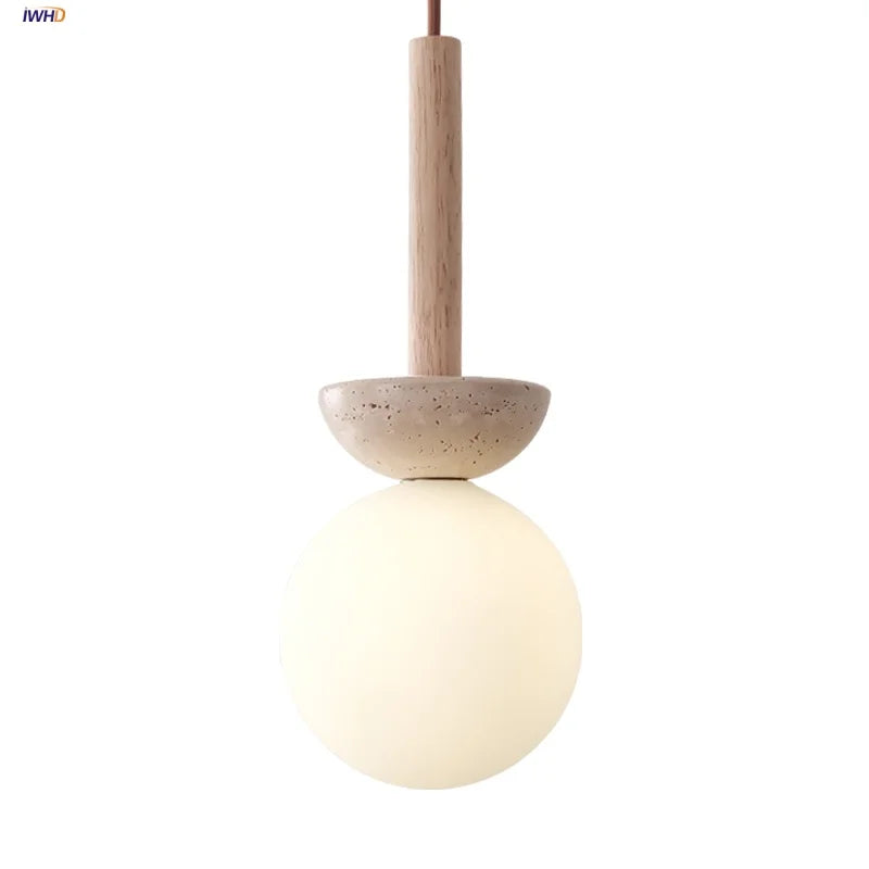 Afralia™ White Glass LED Pendant Lights Modern Yellow Travertine Wood Hang Lamp