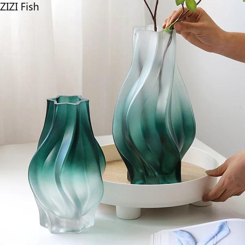 Afralia™ Green Ripple Glass Vase with Artificial Flowers for Home Decor