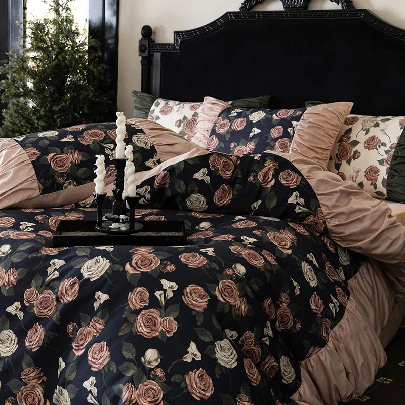 Afralia™ Vintage Rose Print Ruffles Bedding Set: 800TC Egyptian Cotton, Duvet Cover, Sheet, Pillowcases