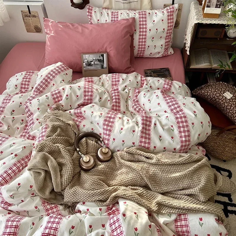 Afralia™ Cute Cartoon Washed Cotton 4-Piece Bedding Set for Spring Soft Skin-Friendly Sheets