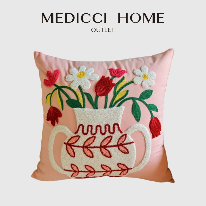 Afralia™ Pink Flowers & Vase Embroidered Pillow Cover 45x45cm Sofa Couch Armchair