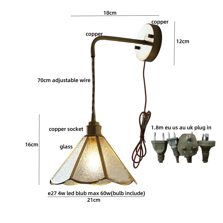 Afralia™ Vintage Clear Glass Wall Sconce LED Light Tiffany Style Adjustable Plug-In Wall Lamp