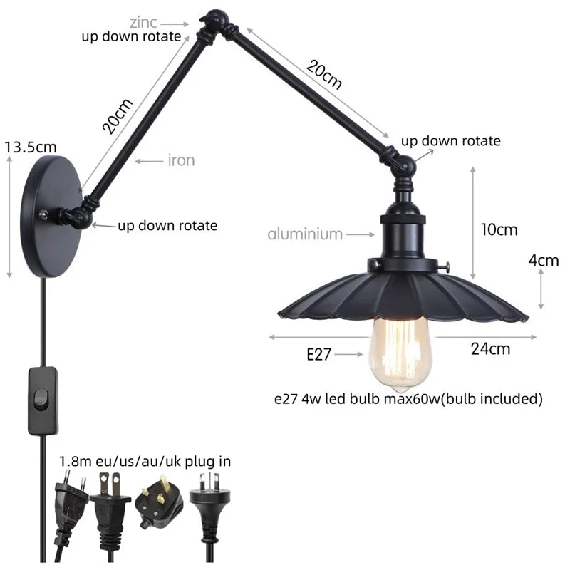 Afralia™ Rustic Iron LED Wall Sconce, Industrial Vintage Long Arm Stair Light Fixtures