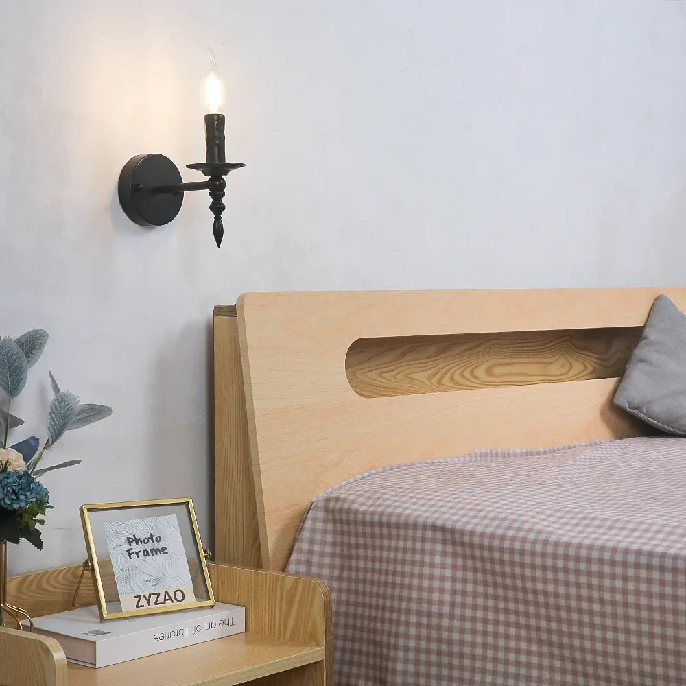 Afralia™ Iron Art Wall Lamp: Retro Black Candle LED Sconces for Living Room, Bedside & Corridor