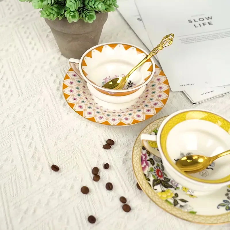 Afralia™ Bone China Flower Coffee Cup Saucers Set, Elegant Pastoral Tea Time Essentials