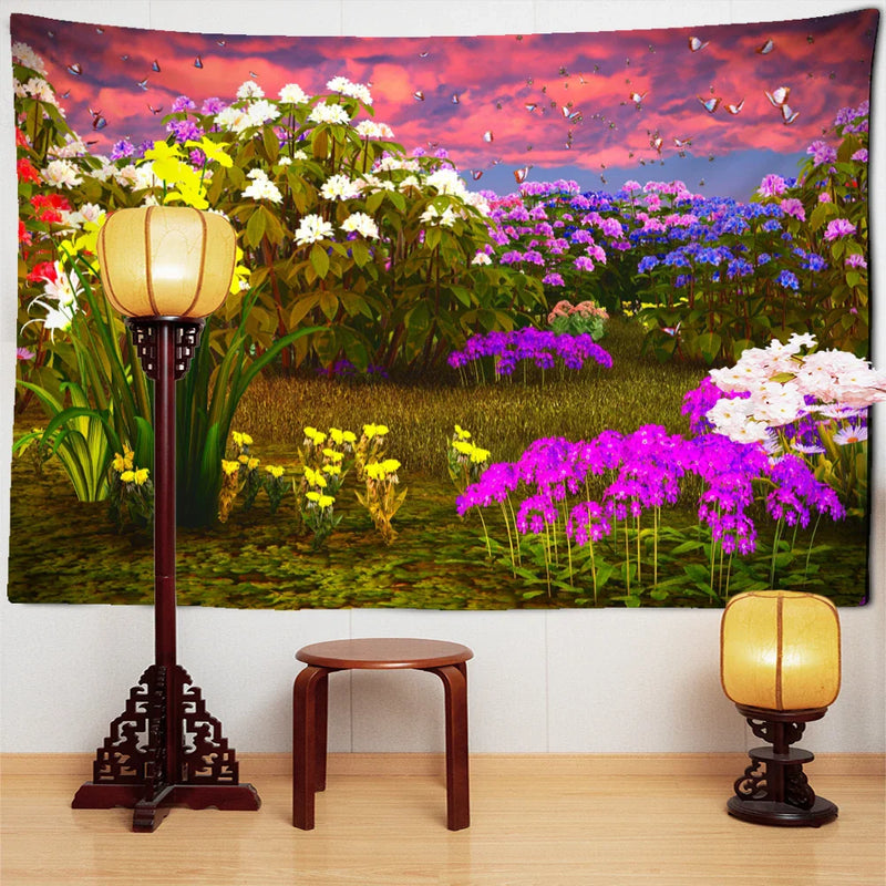 Rhododendron Bush Landscape Tapestry by Afralia™: Psychedelic Hippie Wall Decor for Living Room