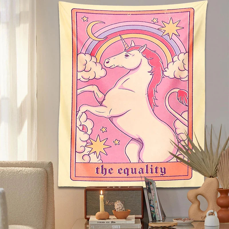 Unicorn Tarot Tapestry by Afralia™: Rainbow Bohemian Wall Decor for Home and Dorm Room