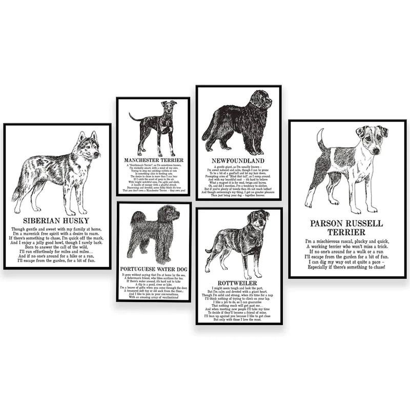 Afralia™ Dog Breed Poetry Poster Collection: Vizsla, Pomeranian, Manchester Terrier, and More