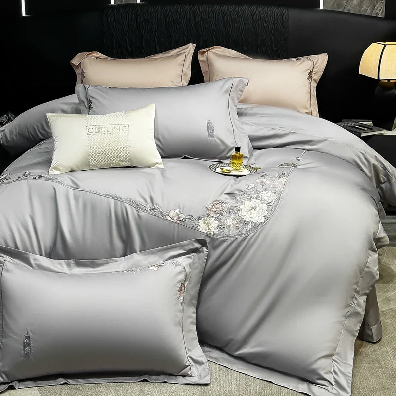 Afralia™ Chic Flowers Embroidery Luxury Bedding Set - 1000TC Egyptian Cotton 4Pcs