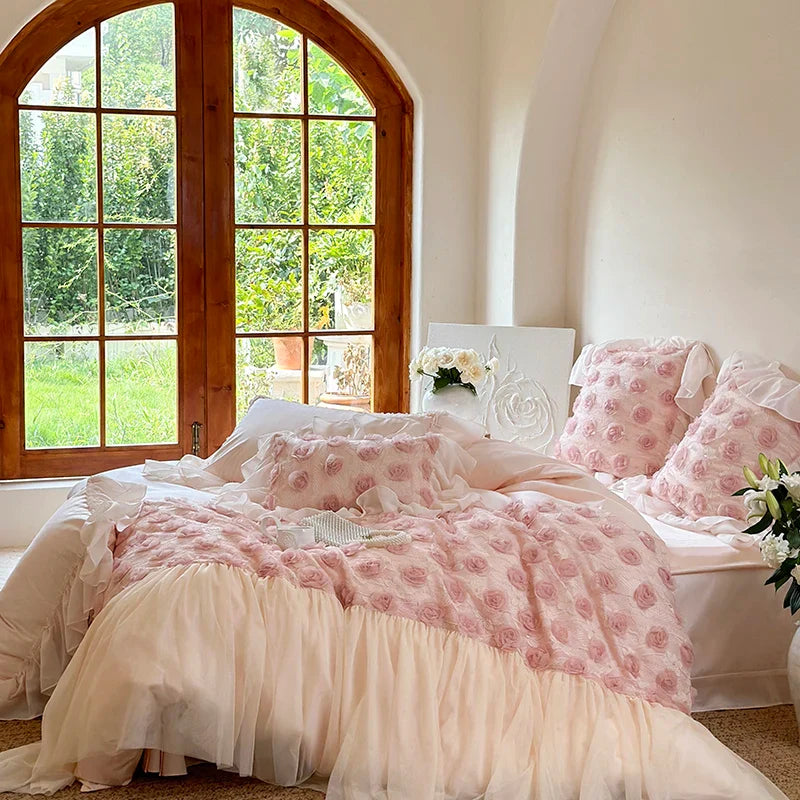 Afralia™ Pink Rose Flowers Lace Ruffles Princess Wedding Bedding Set