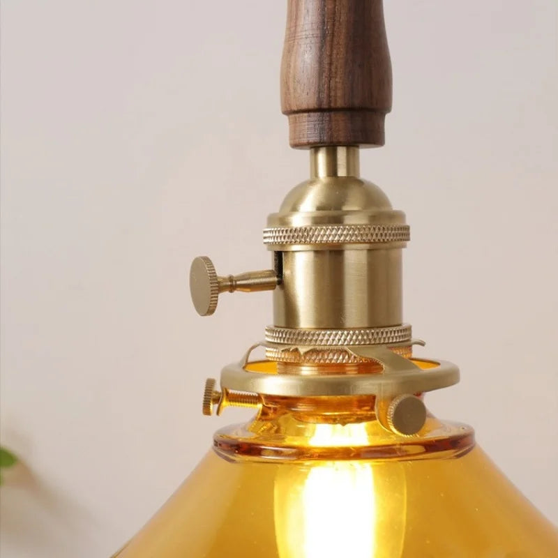 Afralia™ Amber Glass LED Pendant Light with Walnut Handle for Dining Living Room