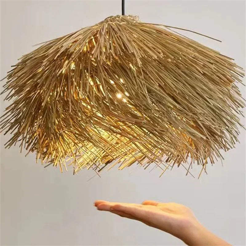 Afralia™ Wabi Sabi Rattan Straw Hat Pendant Chandelier - Nordic Retro B&B Suspended Lamp