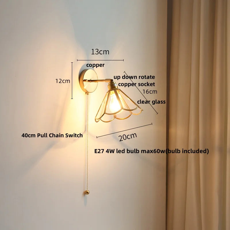 Afralia™ Copper LED Wall Lights Clear Glass Switch Bedside Lamp Nordic Modern