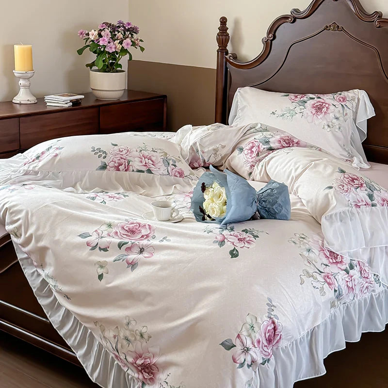 Afralia™ French Flowers Lace Ruffles Princess Bedding Set with Bed Sheet Pillowcases