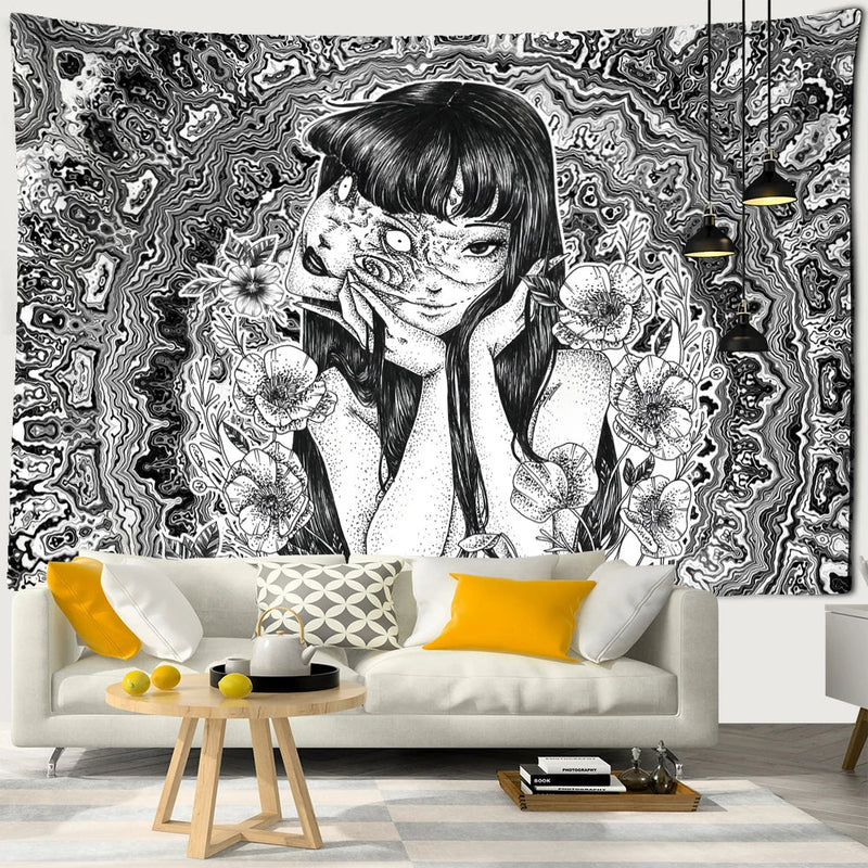 Afralia™ Mysterious Horror Anime Tapestry | Kawaii Room Decor Art Illustration