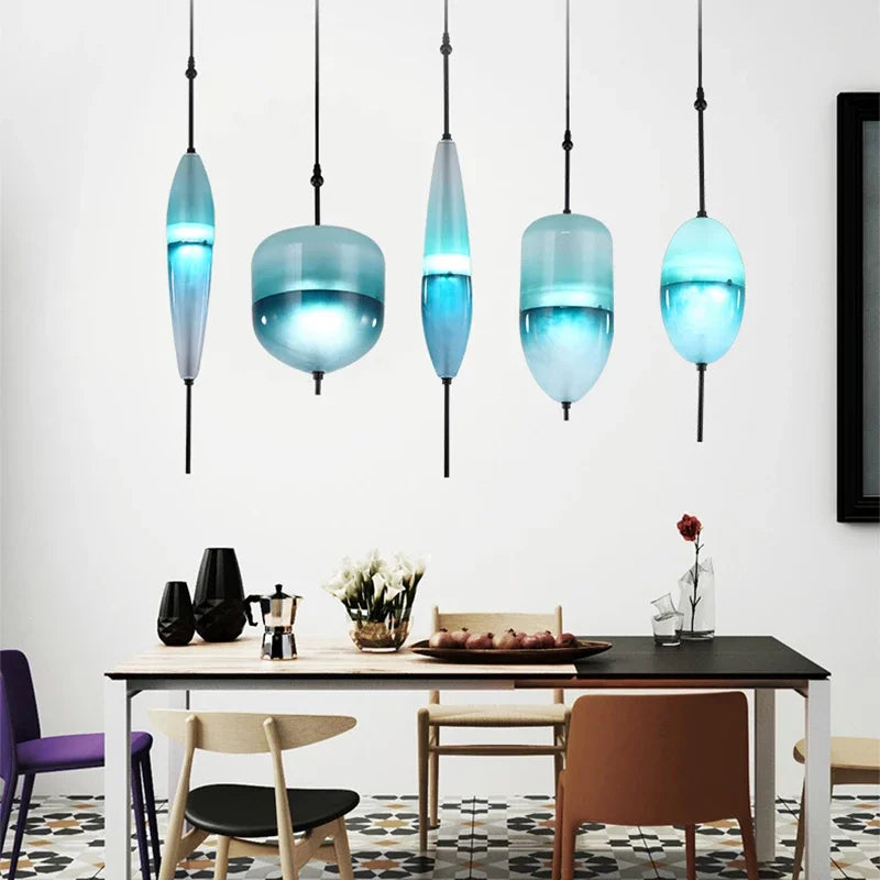 Afralia™ Nordic Blue Glass Chandelier LED Art Deco White Pendant for Dining Room & Kitchen