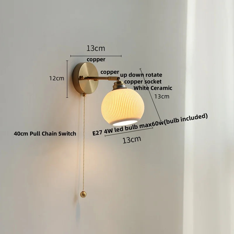 Afralia™ Nordic Ceramic LED Wall Light with Pull Chain Switch - Modern, Simple, Rotating
