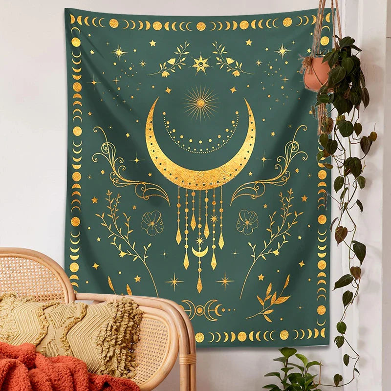 Afralia™ Celestial Moon Phase Tapestry with Floral Accents