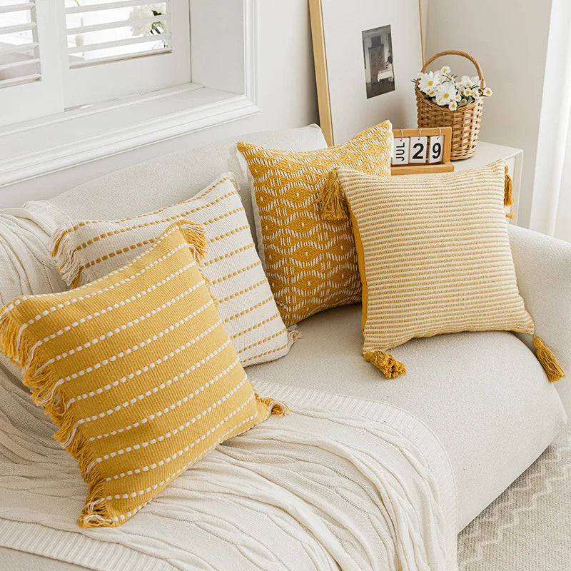 Afralia™ Geometric Tufted Cushion Cover with Crochet Tassels - Nordic Yellow Striped Pillow Cover