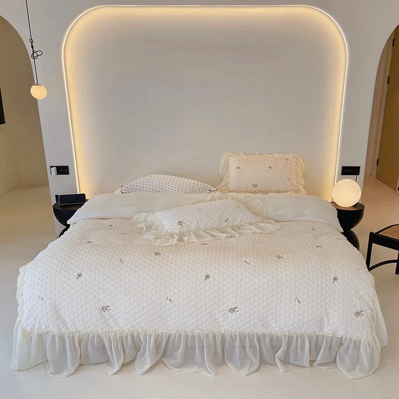 Afralia™ Rose Flower Lace Ruffles Bedding Set with Plush Velvet Fleece Material