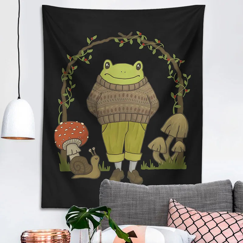 Frog Mushroom Aesthetic Tapestry Wall Hanging for Bedroom by Afralia™