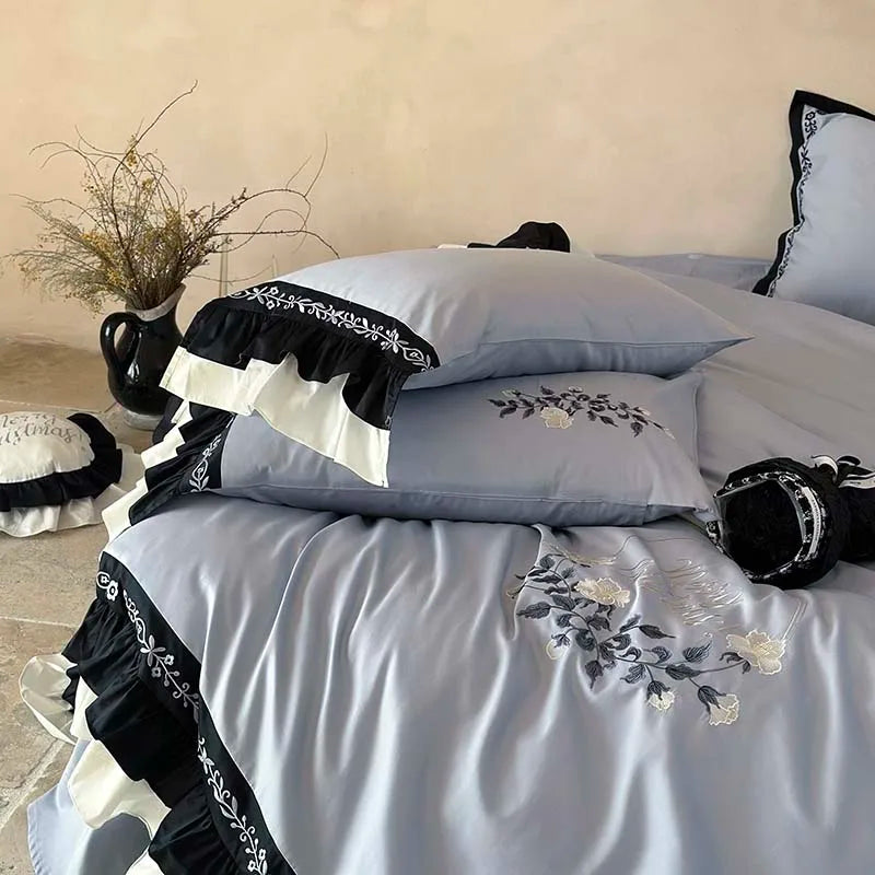 Afralia™ Flowers Embroidery Ruffles Cotton Bedding Set with Duvet Cover, Sheet, Pillowcases