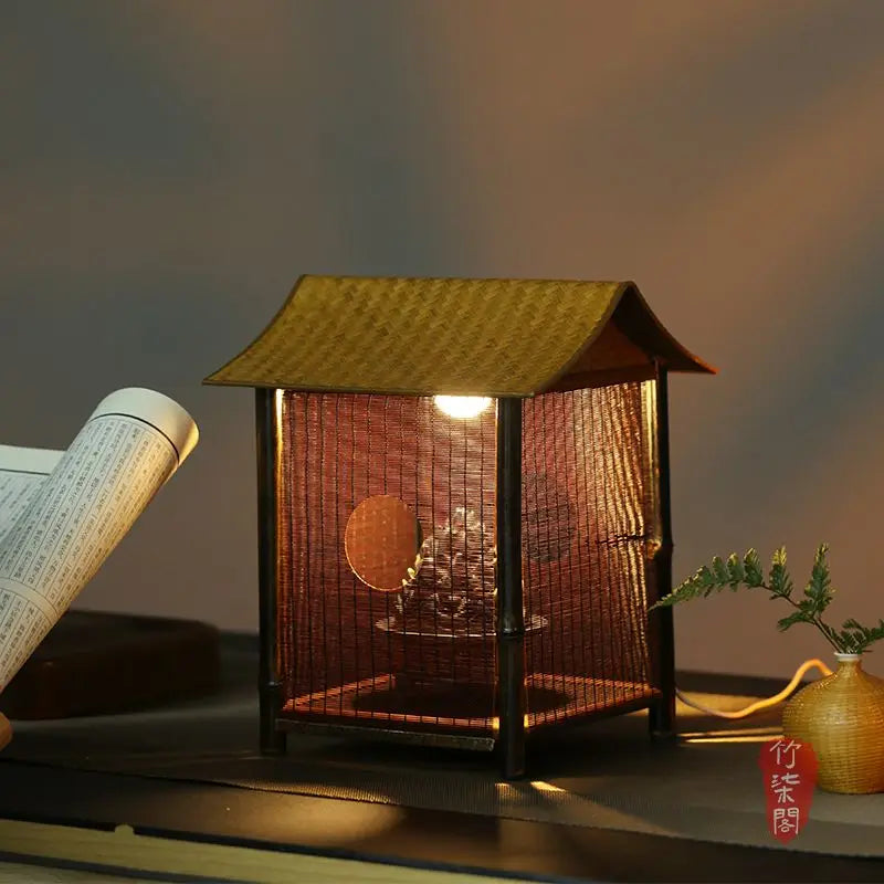 Afralia™ Purple Bamboo Weave Table Lamp Zen Style Handicraft