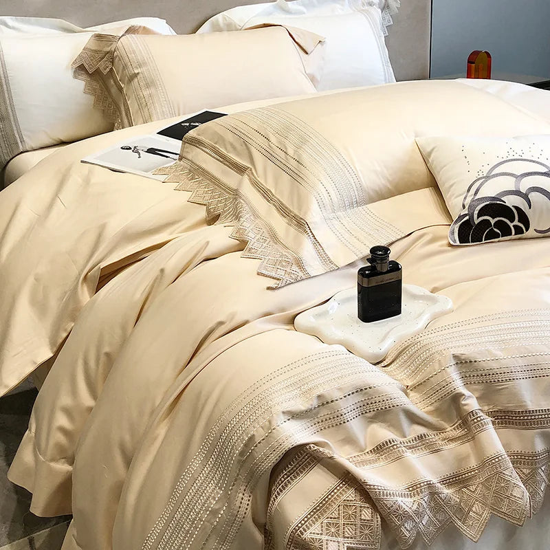 Afralia™ Champagne Embroidered Lace Bedding Set with 1000TC Egyptian Cotton Duvet Cover & Sheet