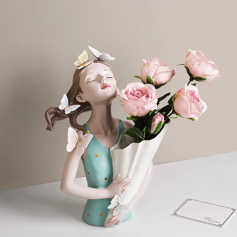 Afralia™ Butterfly Girl Sculpture Vase Set - Modern Decorative Resin Flower Ornaments