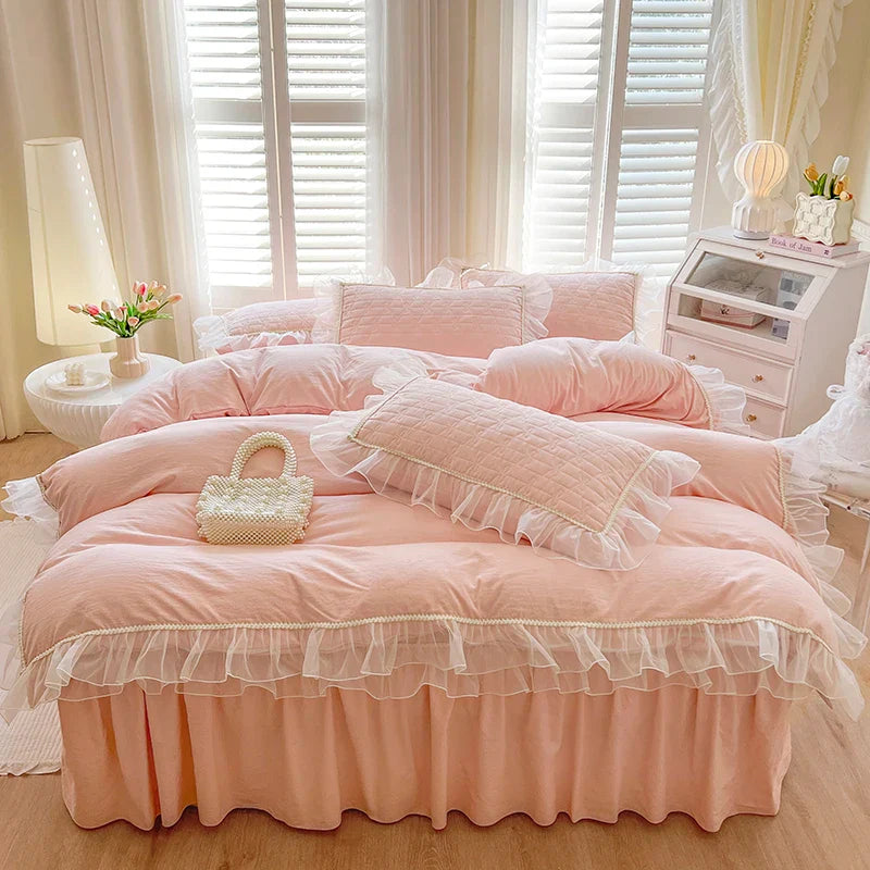 Afralia™ Seersucker Princess Bedding Set with Lace Ruffles - 4Pcs