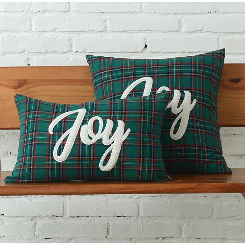 Afralia™ Christmas Plaid Cotton Cushion Cover with Letter Snowflake Embroidery