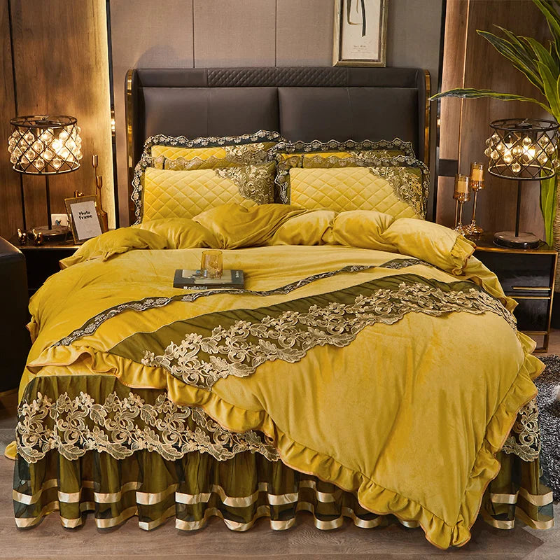 Afralia™ Black Gold Lace Duvet Set, Luxury Crystal Velvet, Quilted Embroidery, Ruffle Bedding