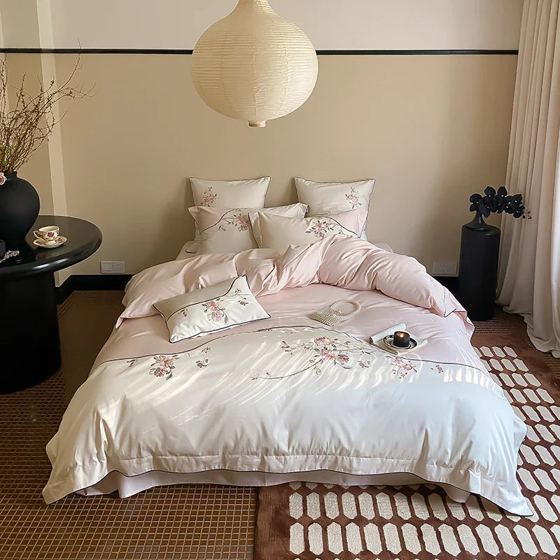 Afralia™ Chinese Flowers Embroidery Luxury Bedding Set - 1000TC Egyptian Cotton Duvet Cover, Flat Sheet, Fitted Sheet, Pillowcases