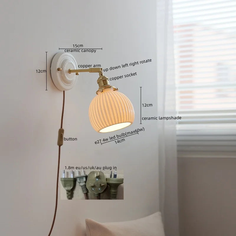 Afralia™ Vintage Ceramic LED Wall Sconce Light with Copper Pull Chain Switch