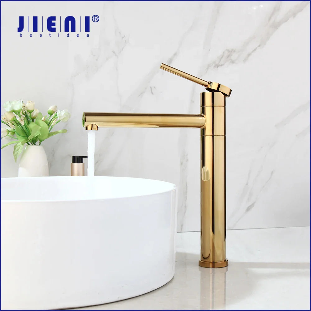 Afralia™ Gold Plated & Chrome Basin Faucet with Long Spout, Single Handle Mixer