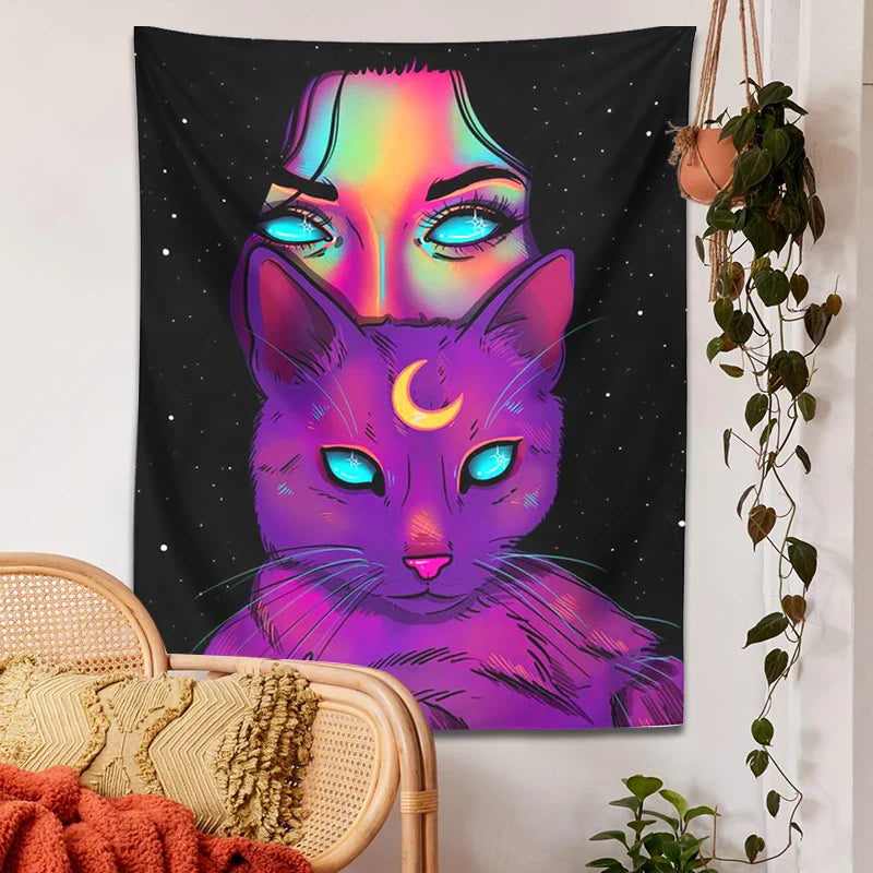 Psychedelic Cat Tapestry Wall Hanging for Bohemian Home Decor by Afralia™