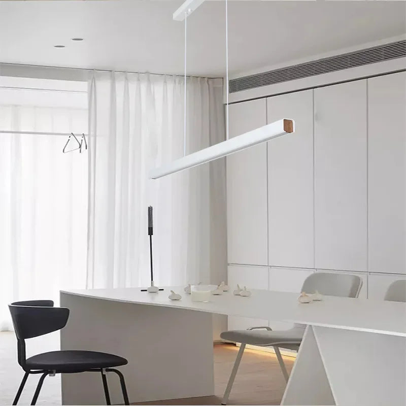Afralia™ LED Linear Pendant Light - White Black Wood Finish - Long Hanging Office Fixture