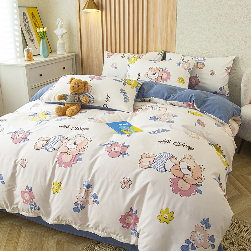 Afralia™ Simple Flower Print 4Pcs Bedding Set - Single Queen Size Girls Boys Bedding