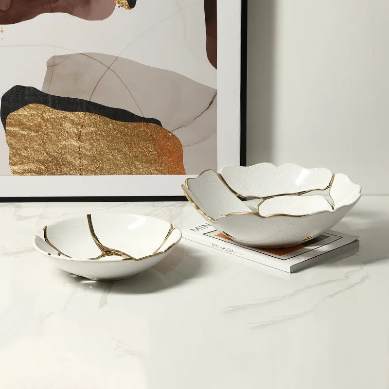 Afralia™ Ceramic Fruit Platter with Golden Crack Design and Wire Tray.