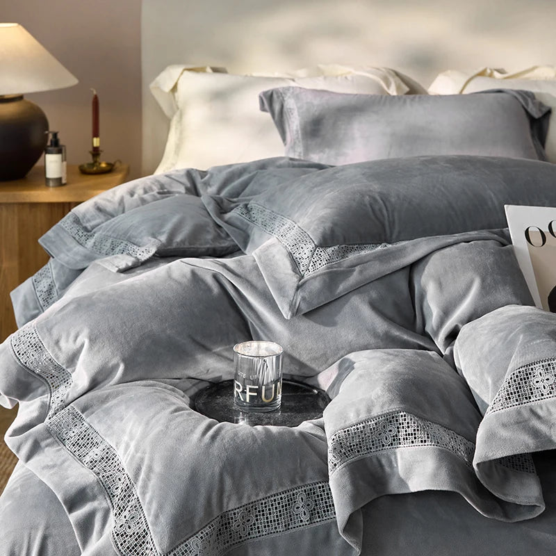 Luxury Gold Velvet Lace Duvet Bedding Set by Afralia™, Cozy Furry Winter Collection