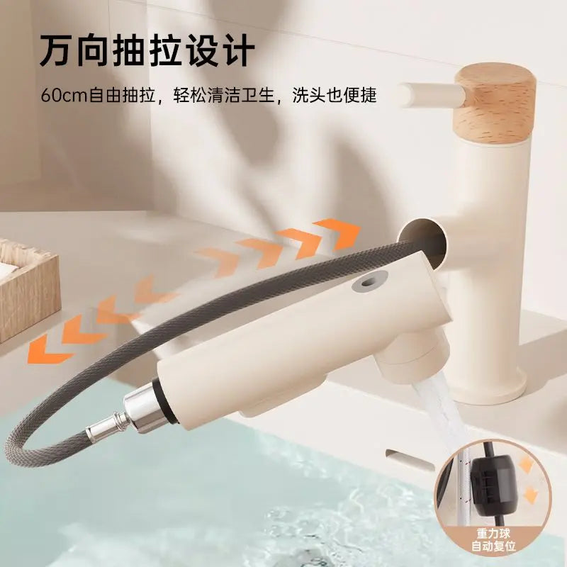 Afralia™ Wood Cream Wind Pull-Out Faucet for Washbasin and Bathroom Cabinet