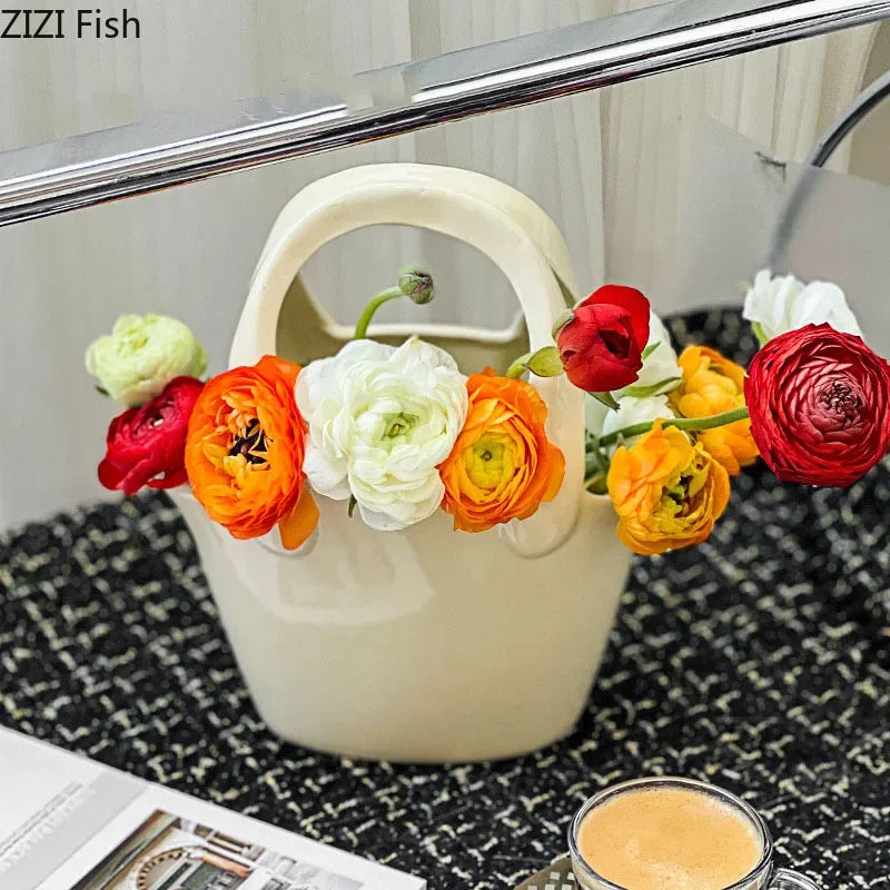 Afralia™ Handbag Ceramic Vase Desk Decoration Artificial Flower Floral Arrangement Aesthetic Decor